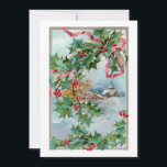 Cartão De Festividades Vintage Winter Rural Village e Christmas Holly<br><div class="desc">Cena de inverno rural encantadora,  com cascas cobertas de neve,  montanhas e árvores na fronteira da cinza clara e festivas,  amarradas com fita vermelha. Recursos gráficos complementares especialmente projetados com campos de texto editáveis.</div>