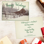 Cartão De Festividades Vintage Winter Snowy Barn Fotografia Personalizada<br><div class="desc">Esta frente de carta fria de feriado apresenta uma imagem verde do celeiro rústico de neve e paisagem com uma mensagem verde de "Felizes Feriados" ao longo do topo. Personalize as saudações frontais e traseiras nos campos de texto ou remova o texto de um dentro de vazio. Você também pode...</div>