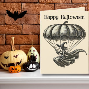 Cartão De Festividades Vintage Witch & Pumpkin Parachute Foto de Hallowee