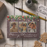Cartão De Festividades Vintage Wood Christmas 3 Photo<br><div class="desc">Celebre o feriado com estes cartões de natal rusticados personalizados com 3 fotos da família a serem substituídas por suas,  um fundo de madeira escuro,  galhos de árvores festivas de natal,  decorações de árvores vermelhas e douradas,  luzes cintilantes,  seu nome e o ano.</div>