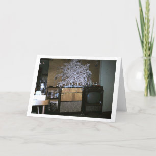 Cartão De Festividades Vintagem Retro TV em Árvore de Natal Branco