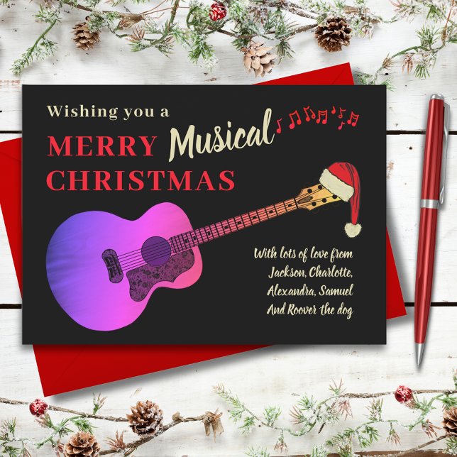 Cartão De Festividades Violão Acústico de Natal Preto e Rosa (Christmas pink acoustic guitar wearing a Santa hat black and gold custom holiday greetings card)
