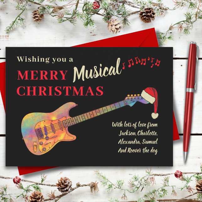 Cartão De Festividades Violão de Natal Rock and Roll Vestindo um Chapéu S (Rock and roll christmas guitar custom holiday greetings card merry musical funky electric guitar)