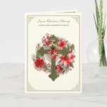 Cartão De Festividades Virgem Católica de Natal Mary Heart Poinsettias<br><div class="desc">Apresentando uma bela imagem vintage da Virgem Maria,  o Coração Imaculado de Maria,  sobreposta numa cruz com um buquê floral de Natal de poinsettia vermelha atrás. Outro belo buquê de Natal com um rosário é o dentro com um verso de escrituras por baixo. Todo texto pode ser modificado.</div>