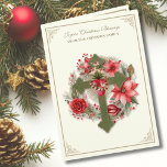 Cartão De Festividades Virgem Católica de Natal Mary Heart Poinsettias<br><div class="desc">Abraçar o espírito do Natal com o nosso belo cartão de Natal, mostrando uma imagem vintage do Coração Imaculado e Orgulhoso da Virgem Maria, contra uma cruz adornada com um buquê de poinsettia vermelha. Dentro, outro arranjo natalício impressionante, acompanhado de um rosário, aguarda. Sinta-se à vontade para personalizar o texto...</div>