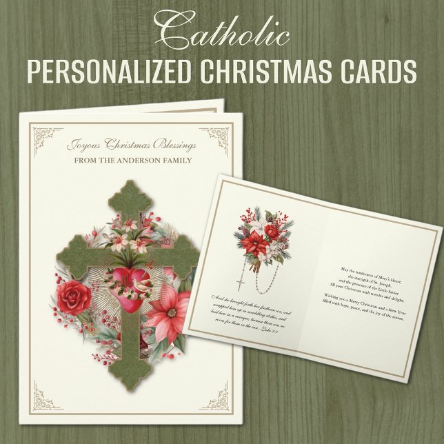 Cartão De Festividades Virgem Católica de Natal Mary Heart Poinsettias (Catholic Personalized Christmas Cards with Poinsettias and Cross)