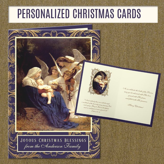 Cartão De Festividades Virgem Religiosa Elegante Mary Angels Music (Personalized Christmas Cards "Song of the Angels" with Scripture Bible Verse)