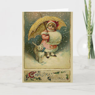 Cartão De Festividades Vitoriano Vintage Retro Child e Cat Christmas
