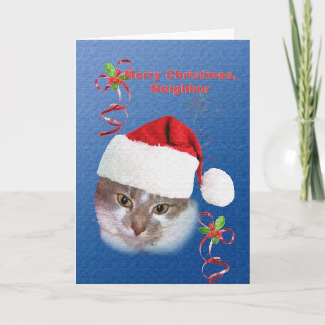 Cartão De Festividades Vizinho, Natal, gato no chapéu do papai noel (Frente)