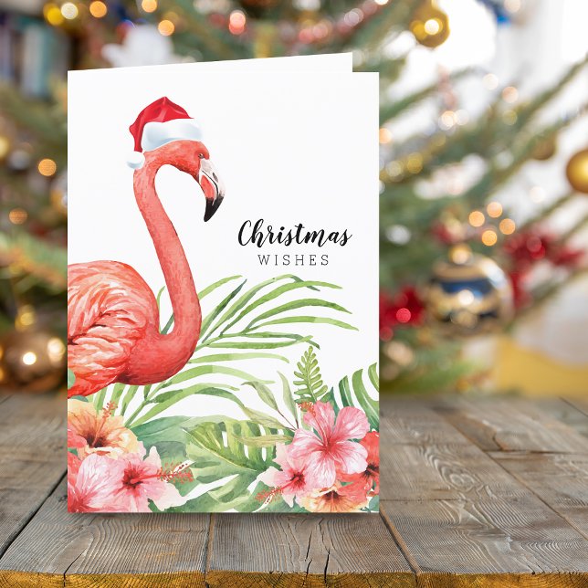 Cartão De Festividades Vontade de Flamingo Floral de Natal (Christmas Flamingo Floral Greenery Wishes Holiday Card)