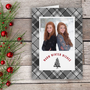 Cartão De Festividades Warm Winter Wishes Gray Plaid Photo Christmas