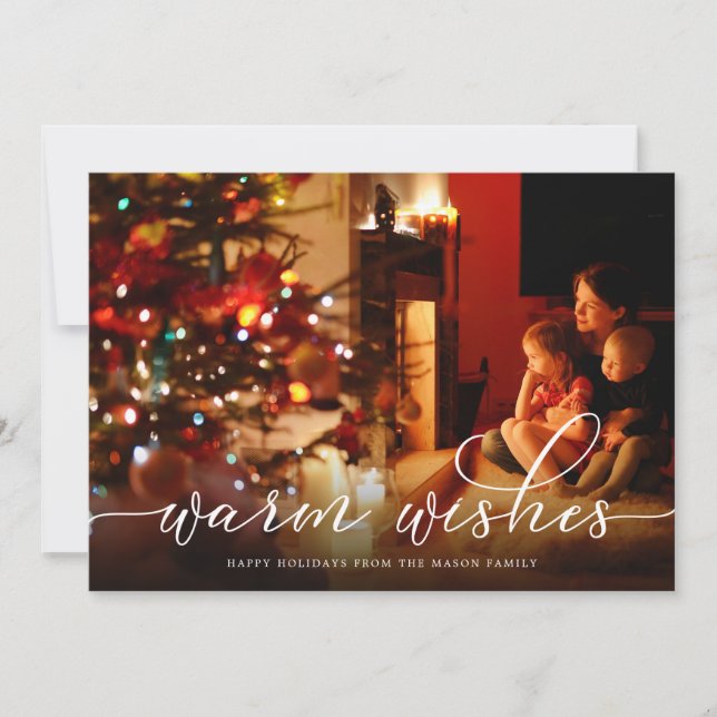 Cartão De Festividades Warm Wish White Script Photo Holiday Card (Frente)