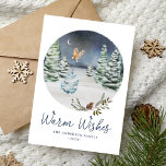 Cartão De Festividades Warm Woodland Owl Winter Scene Non-Photo<br><div class="desc">Cartão de Natal elegante com uma cor-de-água, cena de inverno à noite, cheia de um céu estrelado, lua, lindos pinheiros, coruja e neve no chão. Pinhas e folhagem de inverno acenam a cena circular de inverno. "Desejos quentes" é exibido em um script azul escuro com seu nome e o ano...</div>