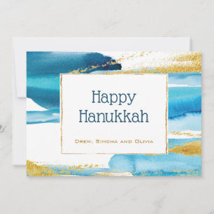 Cartão De Festividades Watecolor Elegante Dourado Azul Hanukkah