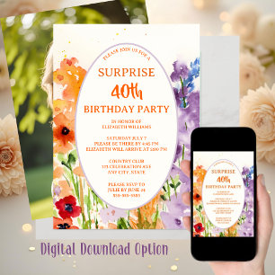 Cartão De Festividades Watercolor 40th Photo Custom Surprise Birthday Inv