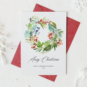 Cartão De Festividades Watercolor Berries e Greenery Wreath Christmas