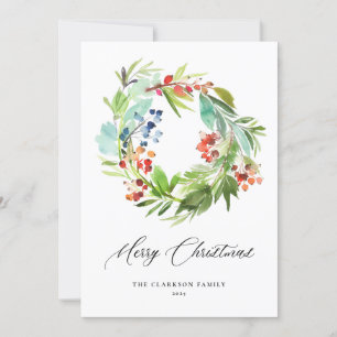 Cartão De Festividades Watercolor Berries Greenery Wreath Feliz Natal
