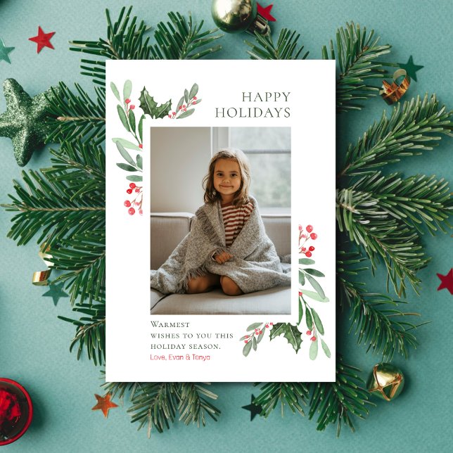 Cartão De Festividades Watercolor Berries & Leaves Christmas Family Photo (Criador carregado)