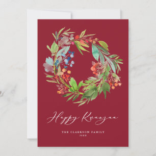 Cartão De Festividades Watercolor Berry e Greenery Wreath Red Kwanzaa