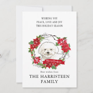Cartão De Festividades Watercolor Bichon Frise Poinsettia Wreath