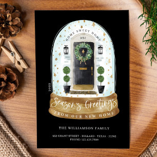Cartão De Festividades Watercolor Black Door Snow Globe New Home Photo