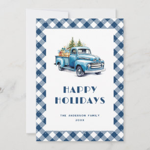 Cartão De Festividades Watercolor Blue Truck Gingham Xadrez Snowy