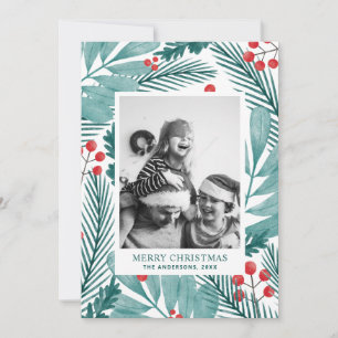 Cartão De Festividades Watercolor Botanical Merry Christmas Family Photo