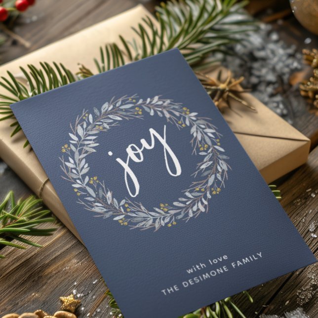 Cartão De Festividades Watercolor Botanical Wreath Joy Blue Christmas (Criador carregado)