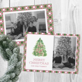 Cartão De Festividades Watercolor Burgundy - Xadrez Foto da Árvore de Nat