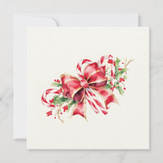 Cartão De Festividades Watercolor Candy Cane Red Bow Holly