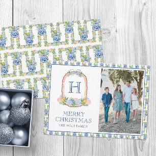 Cartão De Festividades Watercolor Chinoiserie Mandarins Monogramas Crest