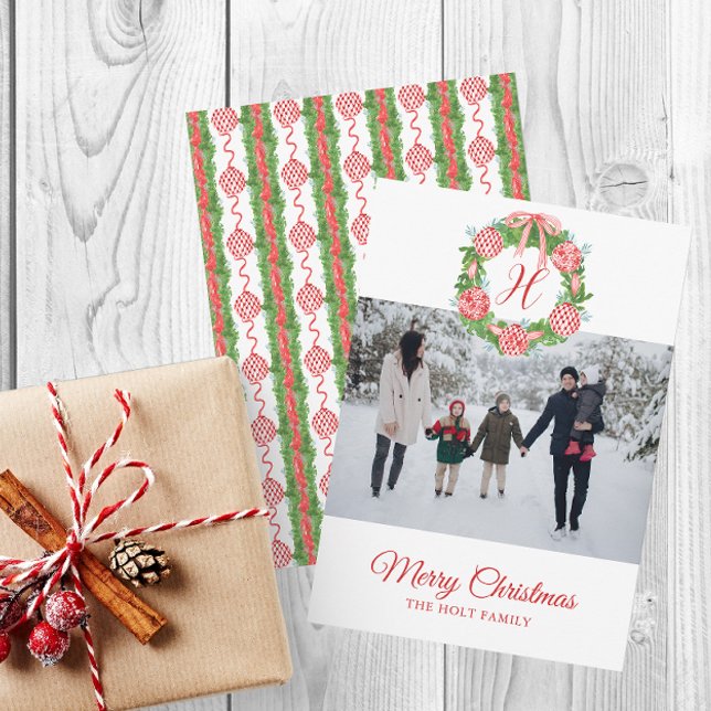 Cartão De Festividades Watercolor Chinoiserie Ornamentos Fúria Natal (Chinoiserie Christmas Red Ornament Wreath Photo Cards)
