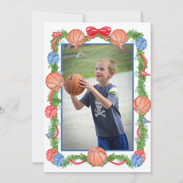 Cartão De Festividades Watercolor Christmas Basketball Garland Photo (Frente)