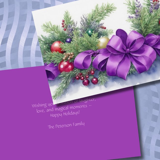 Cartão De Festividades Watercolor Christmas Evergreen Ribbon Purple Red (Criador carregado)