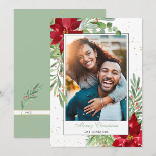 Cartão De Festividades Watercolor Christmas Poinsettia + Greenery Holiday