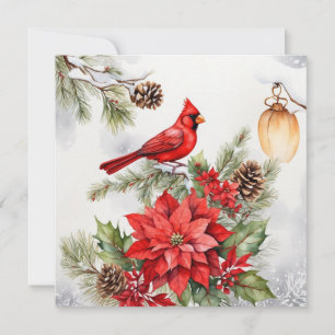Cartão De Festividades Watercolor Christmas Red Cardinal, Poinsettia, Pel