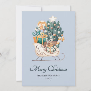 Cartão De Festividades Watercolor Christmas Sleighs Blue Non-Photo
