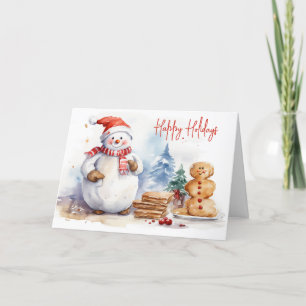 Cartão De Festividades Watercolor Christmas Snowman Com Gingerbird Man