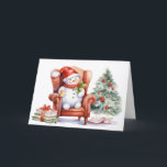 Cartão De Festividades Watercolor Christmas Snowman (Neve Natal)<br><div class="desc">Homem de neve bonitinho de aquarela sentado em uma cadeira vermelha O texto é editável.</div>