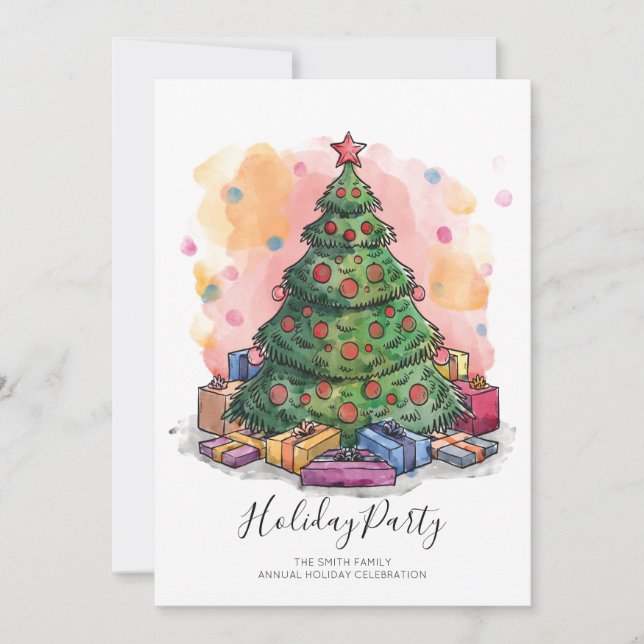Cartão De Festividades Watercolor Christmas Tree Holiday Party Invitation (Frente)