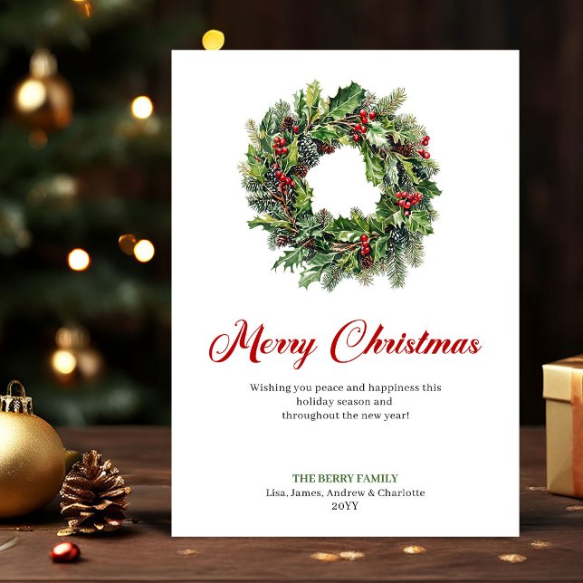 Cartão De Festividades Watercolor Christmas Wreath Red Green Greeting  (Watercolor Christmas Wreath Red Green Greeting Card)