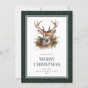 Cartão De Festividades Watercolor Deer Snowy Green Feliz Natal
