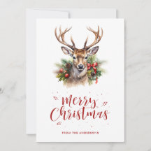Watercolor Deer Stag Holly Snow Feliz Natal