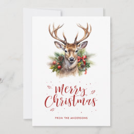 Cartão De Festividades Watercolor Deer Stag Holly Snow Feliz Natal
