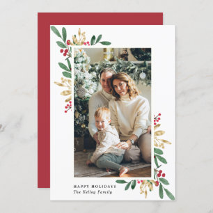 Cartão De Festividades Watercolor Evergreens, Verde e Dourada, Foto Grand