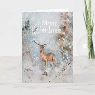 Cartão De Festividades Watercolor Felry Christmas Snow Deer Woodland Holi