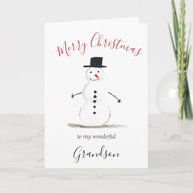 Cartão De Festividades Watercolor Felry Christmas Snowman Grandson (Frente)