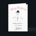 Cartão De Festividades Watercolor Felry Christmas Snowman Sister<br><div class="desc">Feliz cartão da irmã de Natal. Aquarela,  boneco de neve,  árvore de Natal,  não foto,  carta tradicional. Por favor,  personalize-o com os seus detalhes.</div>