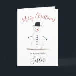 Cartão De Festividades Watercolor Felry Christmas Snowman Sister<br><div class="desc">Feliz cartão da irmã de Natal. Aquarela,  boneco de neve,  árvore de Natal,  não foto,  carta tradicional. Por favor,  personalize-o com os seus detalhes.</div>