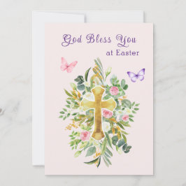 Cartão De Festividades Watercolor Floral Cross Christian Easter